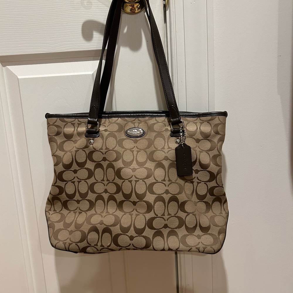 Coach Brown Signature Tote Bag with Leather Trim